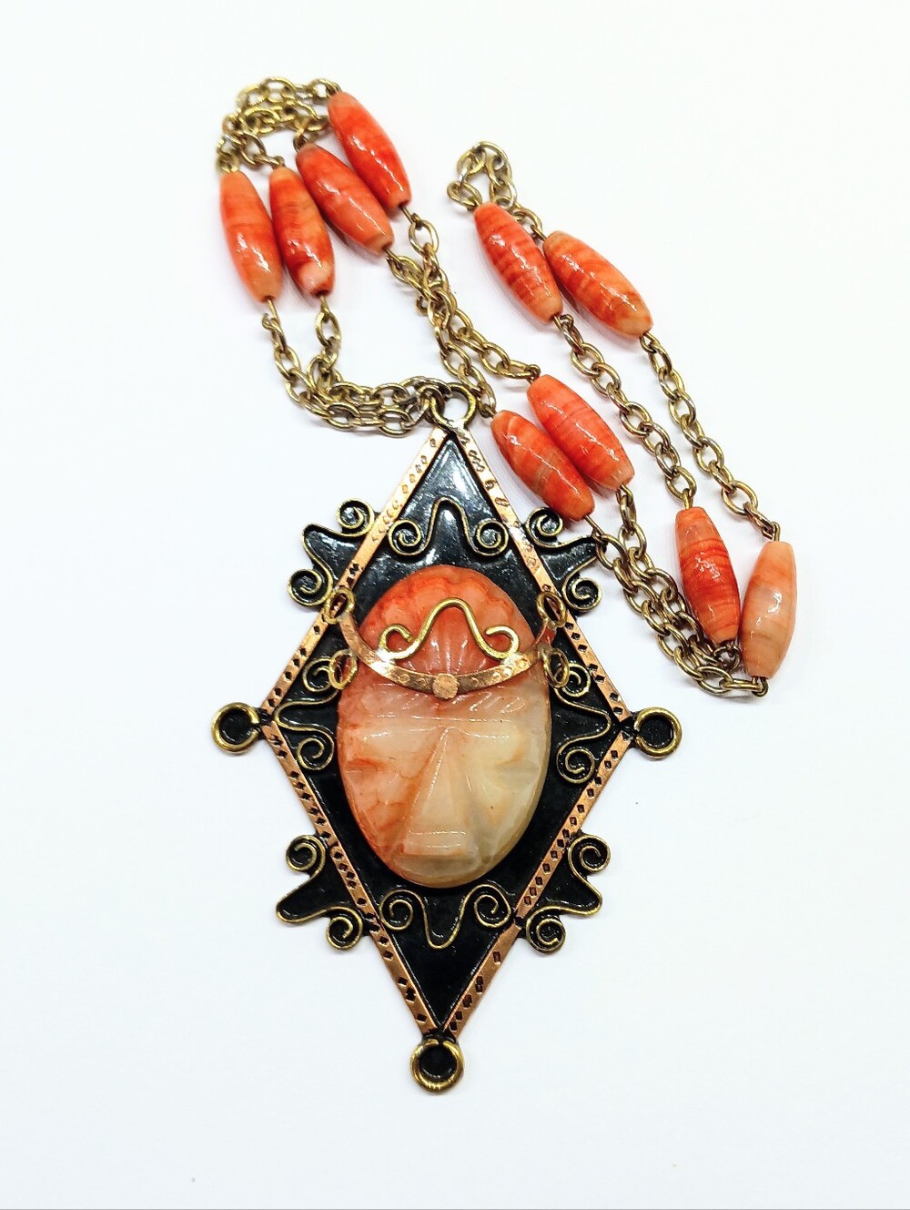 Vintage Massive Copper Carved Stone Mayan Tribal Mask Pendant Necklace